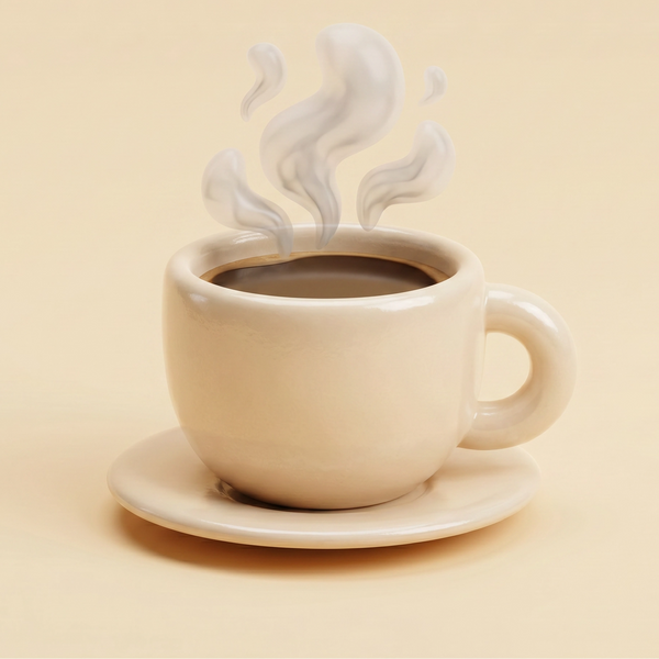 Steaming hot coffee in a white cup on a beige background