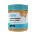 Jar of date sweetened peanut spread with blue lid and label on a white background