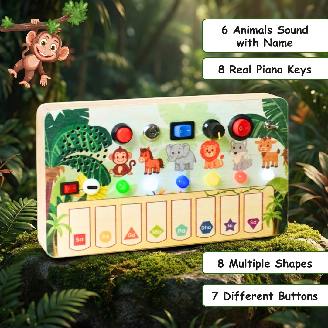 Montessori Jungle Piano-V10: 5-in-1 Wooden Musical Busy Board for Toddlers