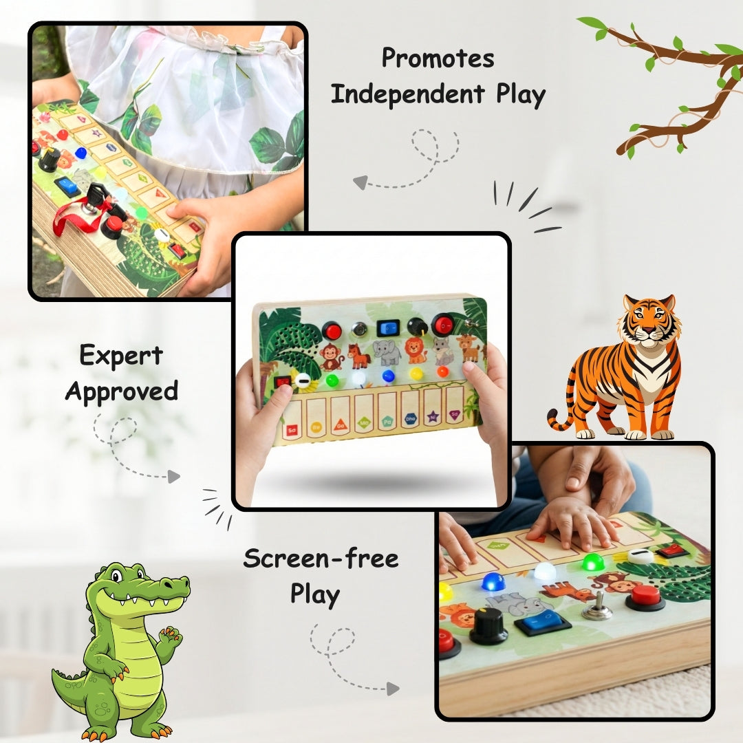 Montessori Jungle Piano-V10: 5-in-1 Wooden Musical Busy Board for Toddlers