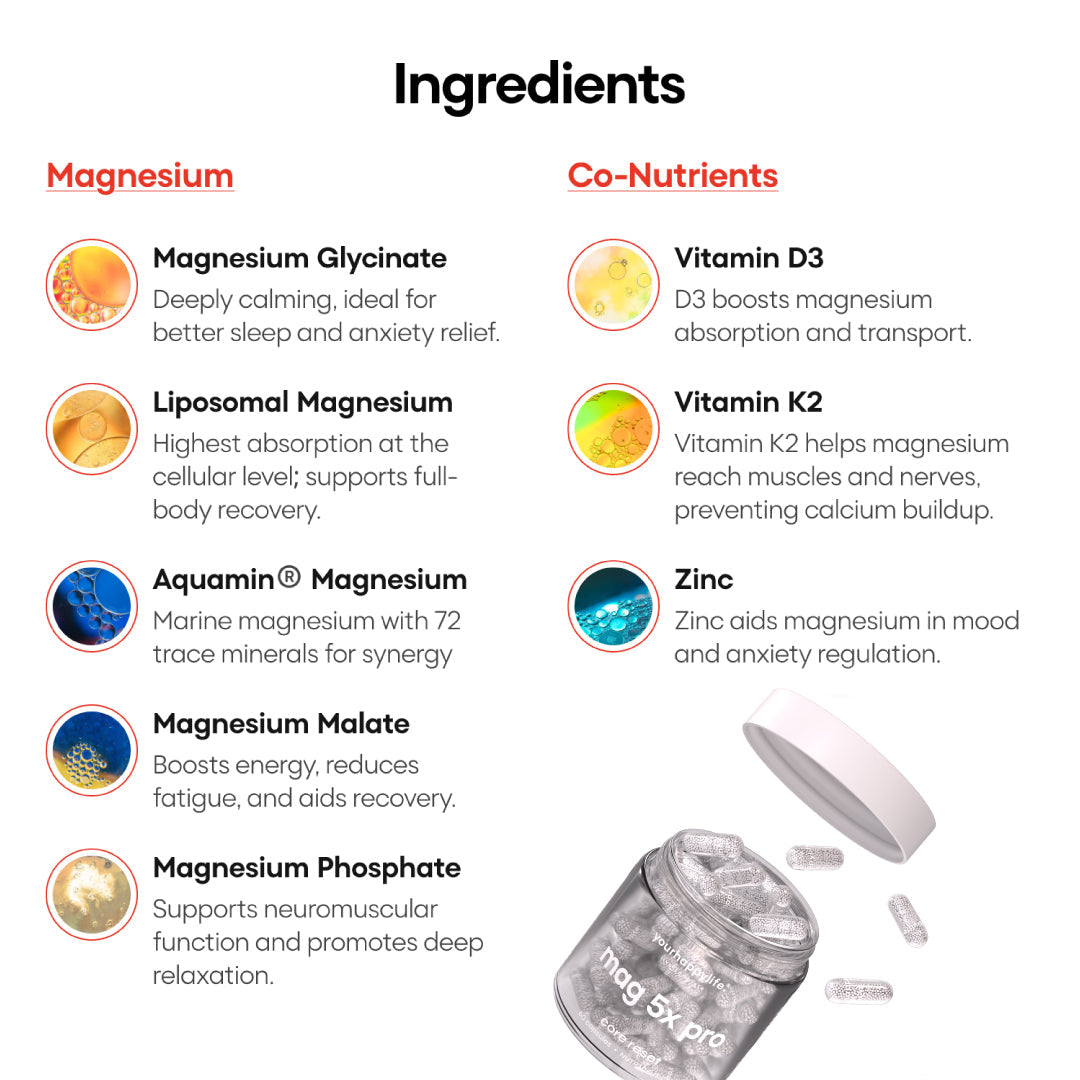 Mag5x Pro | Five Magnesium Complex with Vitamin D3, K2 & Zinc | 330 MG Elemental Magnesium