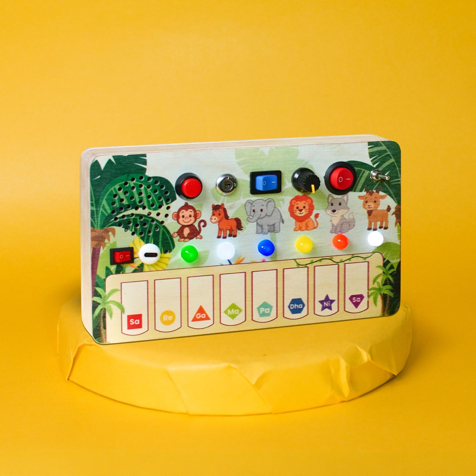 Montessori Jungle Piano-V10: 5-in-1 Wooden Musical Busy Board for Toddlers