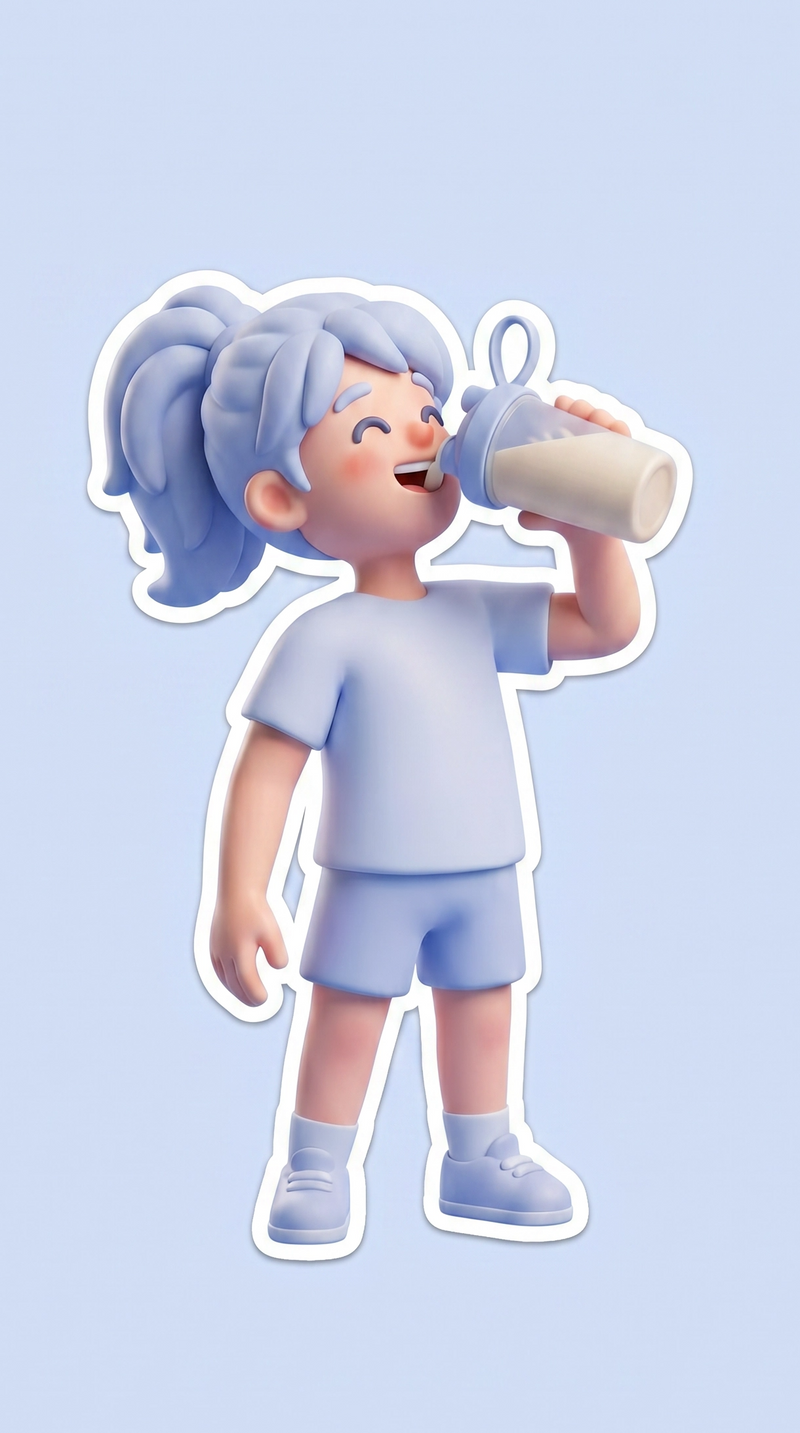 3D animated character with blue hair drinking from a bottle on a light purple background